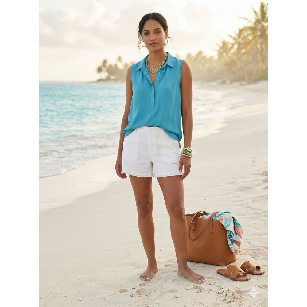 LOFT Teal Blue Sleeveless Henley Blouse XL Women Tank Top Collared Pleated